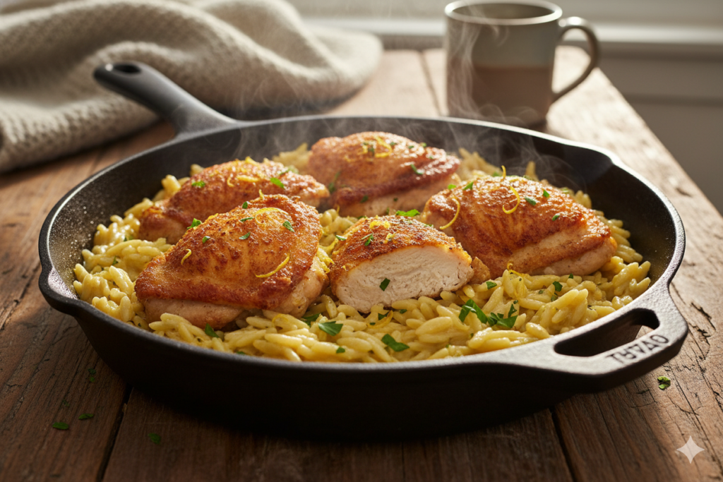 Creamy Chicken Thighs with Lemon Garlic Orzo – A One-Pan Dream Dinner!