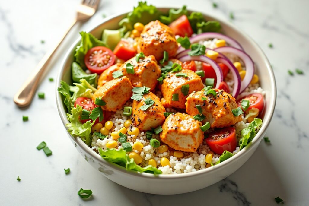 Easy Spicy Buffalo Chicken Bowls With Rice And Fresh Veggies
