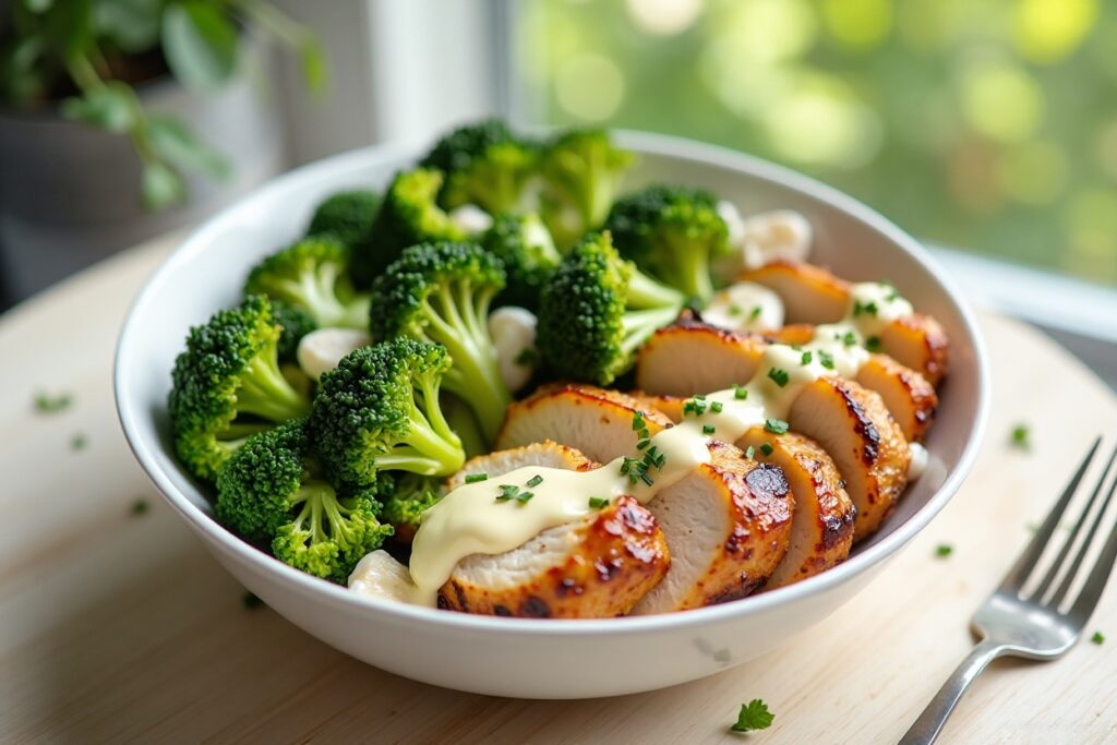Grilled Chicken & Broccoli Bowls with Creamy Garlic Sauce