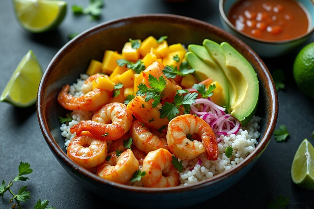 Shrimp & Avocado Bowls with Mango Salsa and Zesty Lime-Chili Sauce