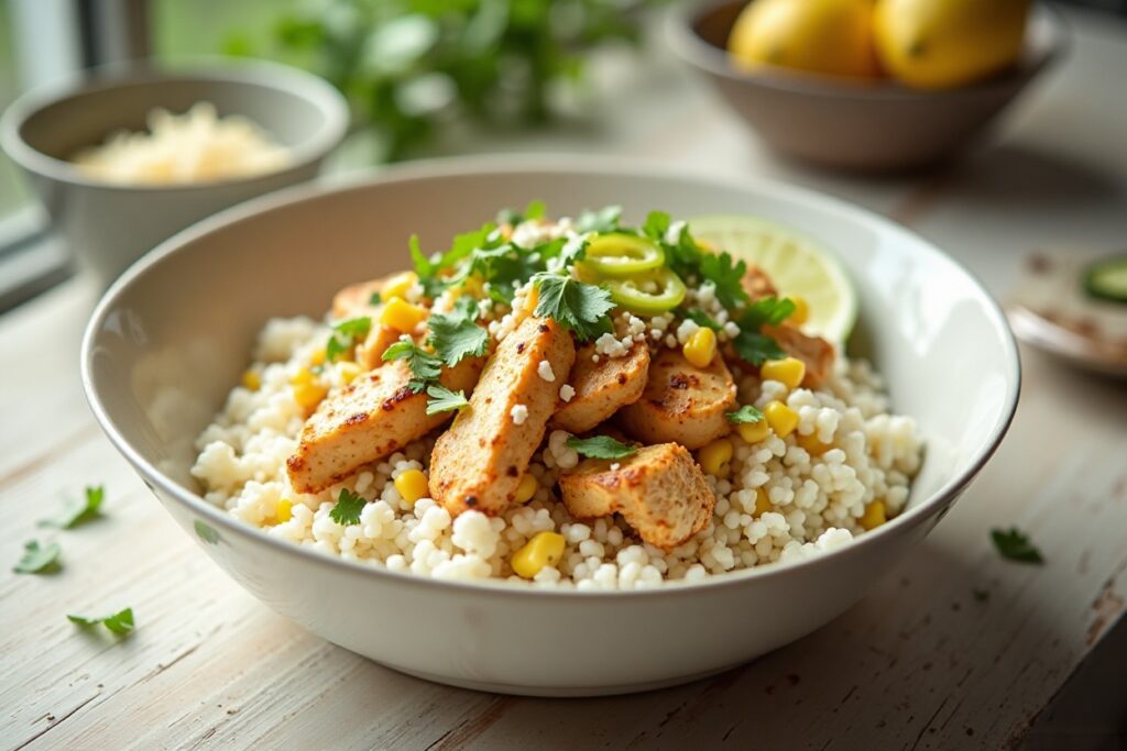 Street Corn Chicken Rice Bowl With Creamy Elote Flavor