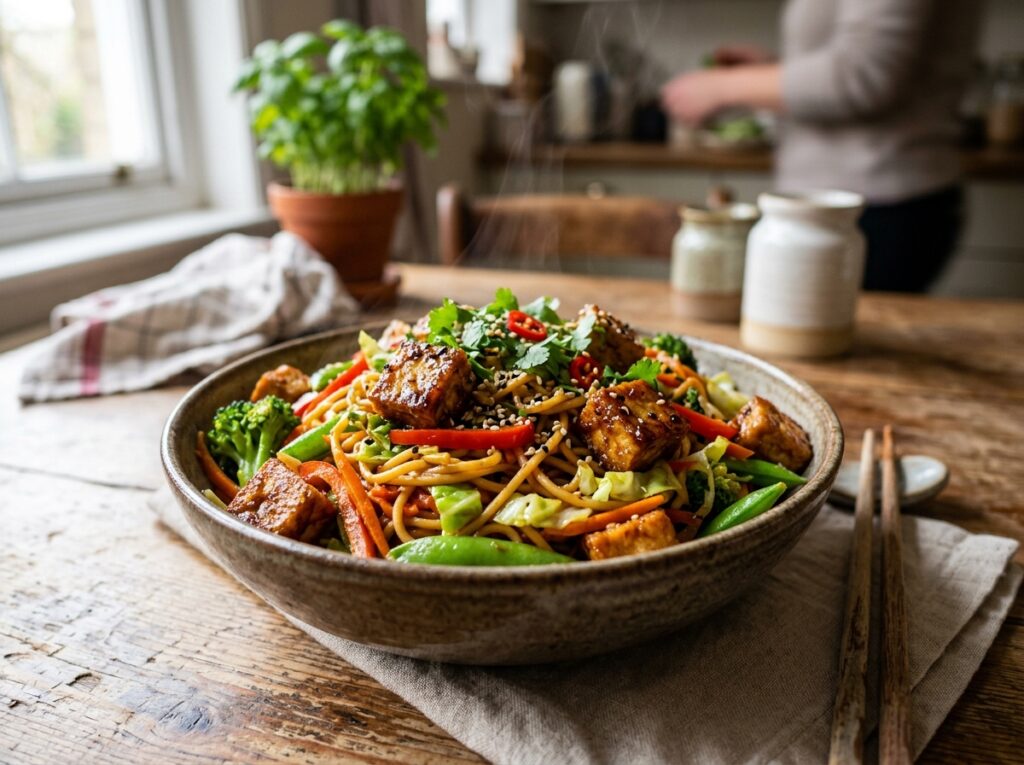 Garlic Tofu Veggie Noodle Bowl Easy Healthy Dinner Recipe