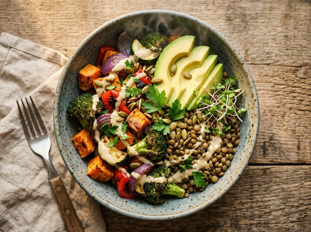 Healthy Lentil and Roasted Vegetable Bowl Recipe for Easy High Protein Meals