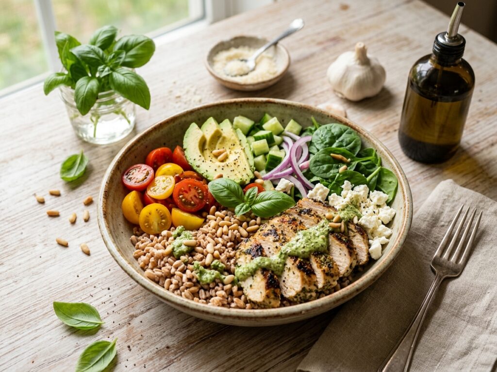 Pesto Chicken Farro Bowl Healthy High Protein Dinner Recipe