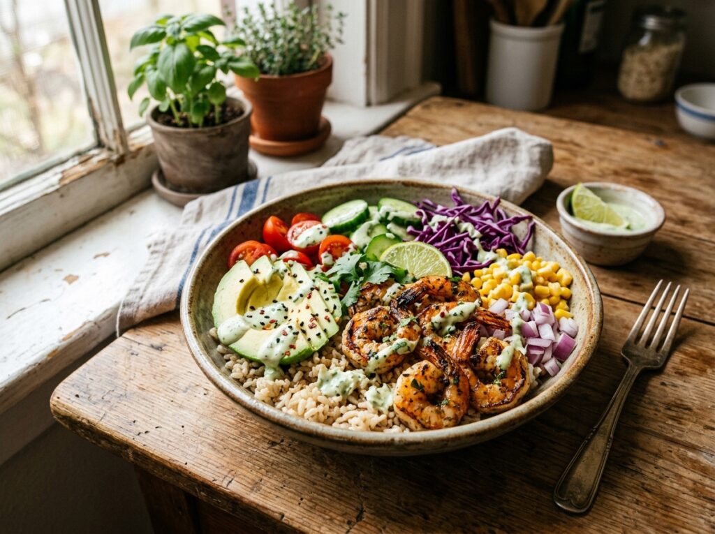 Shrimp Avocado Brown Rice Bowl Healthy High Protein Dinner Recipe