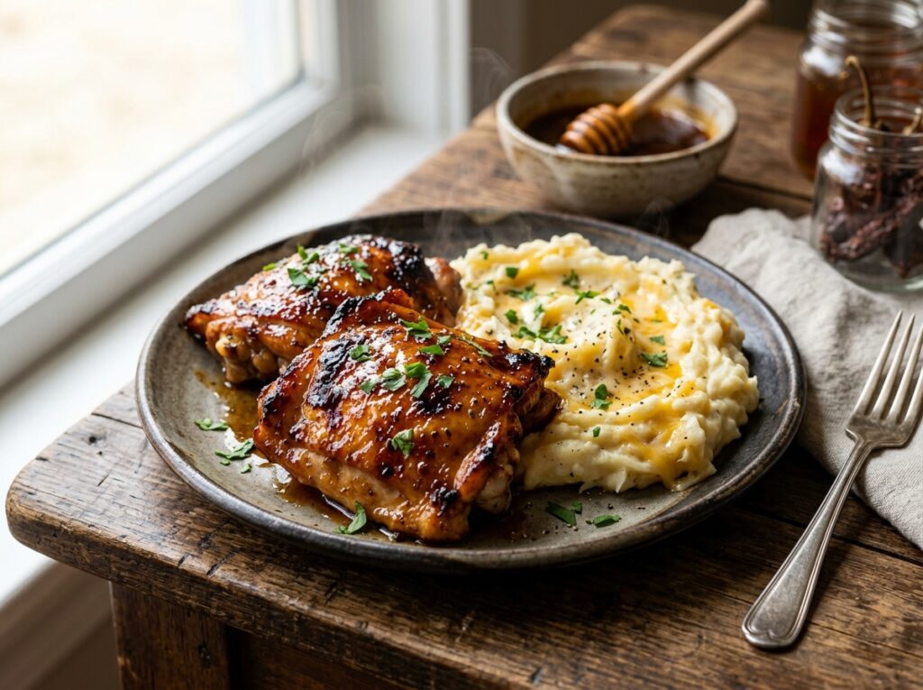 Chipotle Honey Chicken Thighs with Smoked Gouda Mashed Potatoes High Protein Comfort Food Recipe