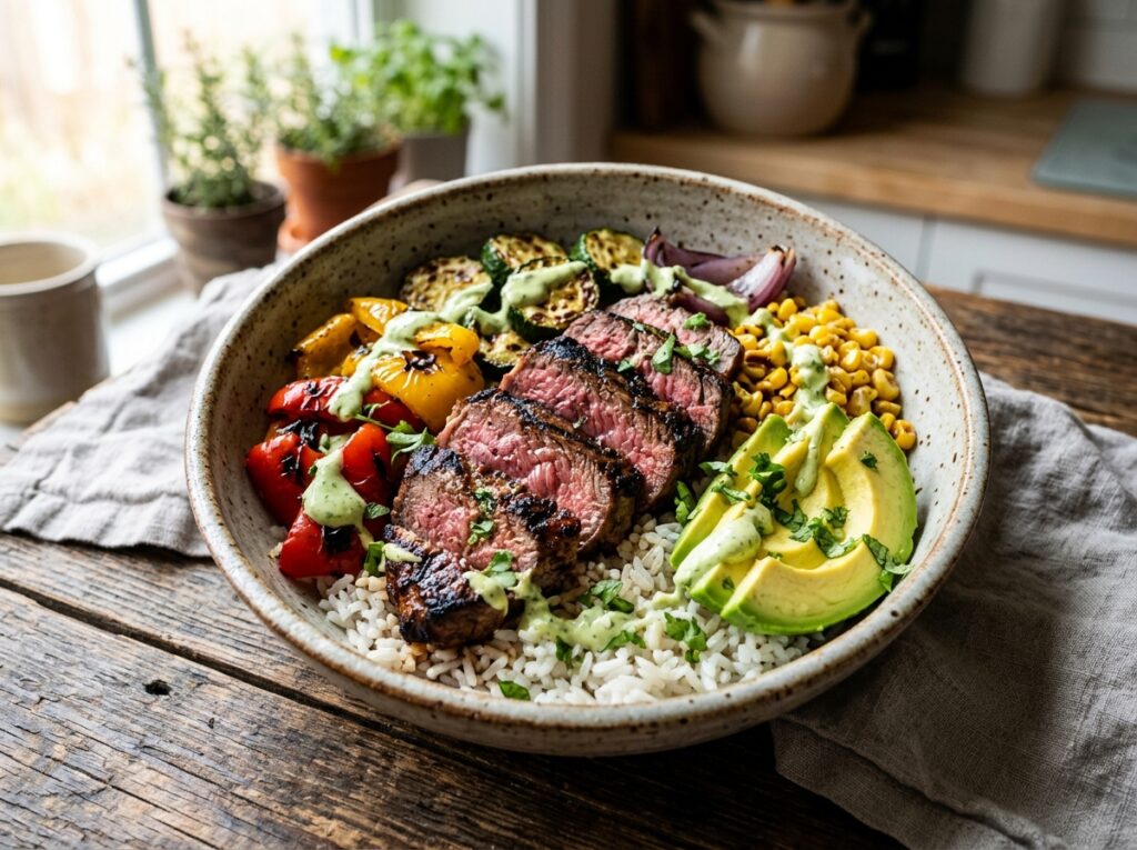 Smoky Steak Rice Bowl with Roasted Vegetables and Creamy Lime Sauce