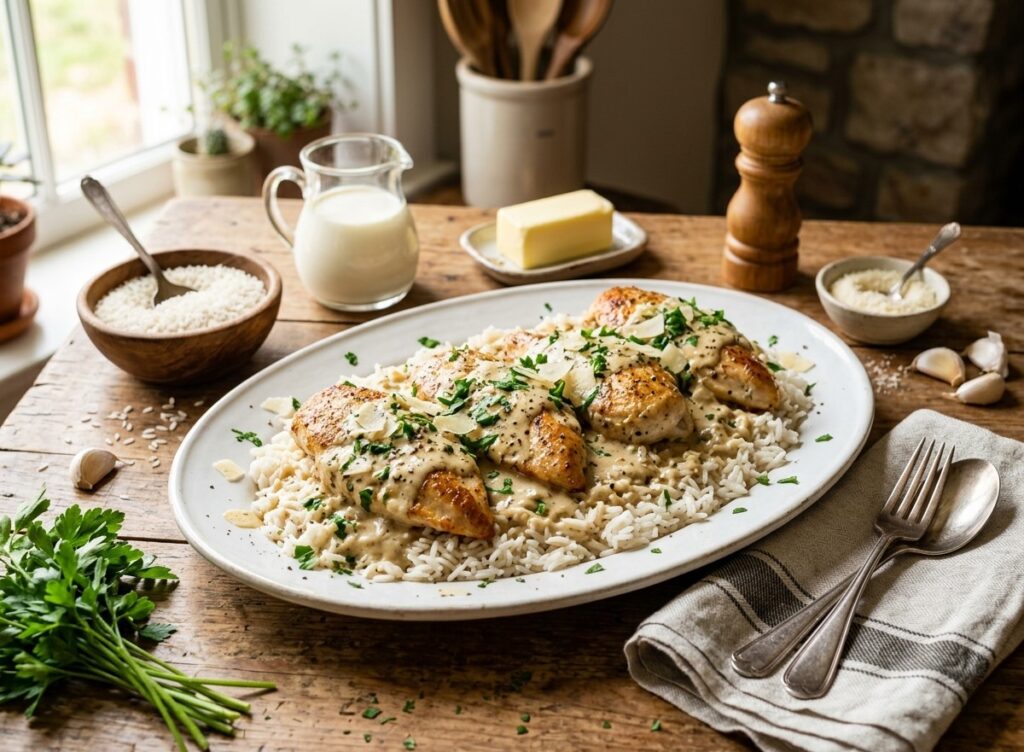 Creamy Smothered Chicken and Rice Easy One Pan Comfort Dinner Recipe