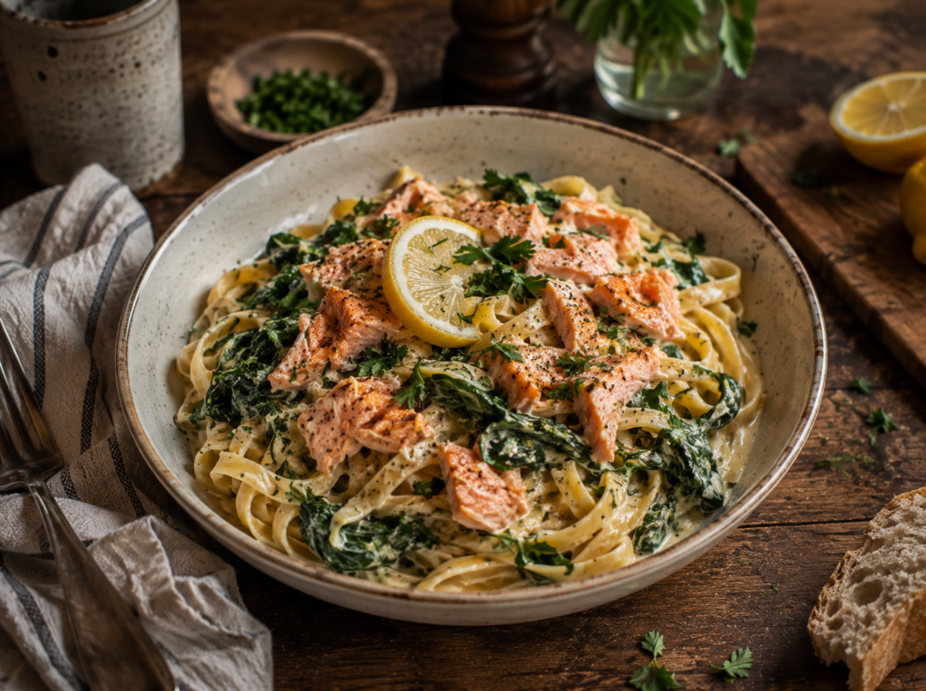 Lemon Spinach Salmon Pasta